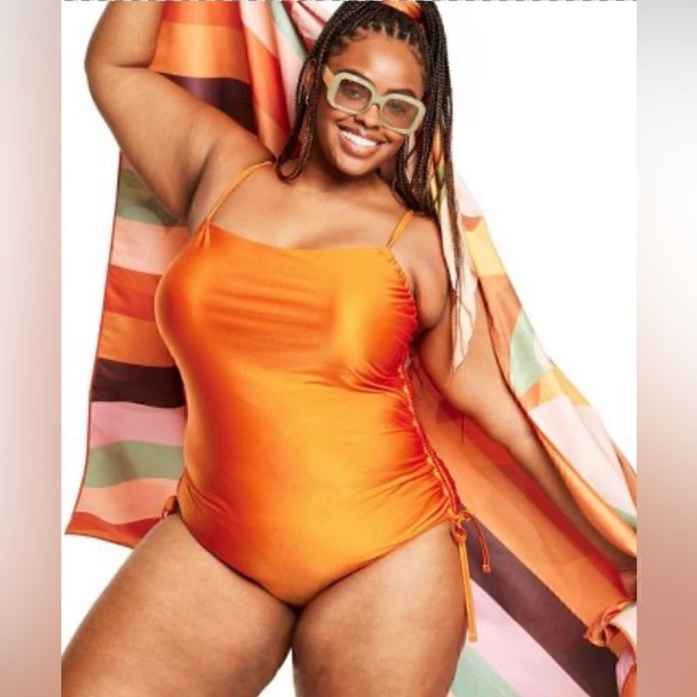Metallic SideRuched HighLeg Cheeky OnePiece Swimsuit FeNoelxTarget Orange NWT 1X